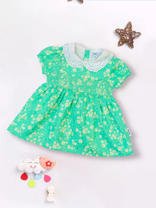 MEE MEE Green Floral Cotton Frock – Puff Sleeves with Peter Pan Collar and Smocked Waist