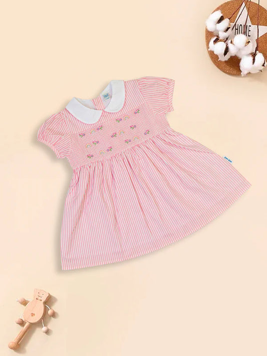 MEE MEE Light Pink Striped Cotton Frock – Embroidered Yoke & Peter Pan Collar