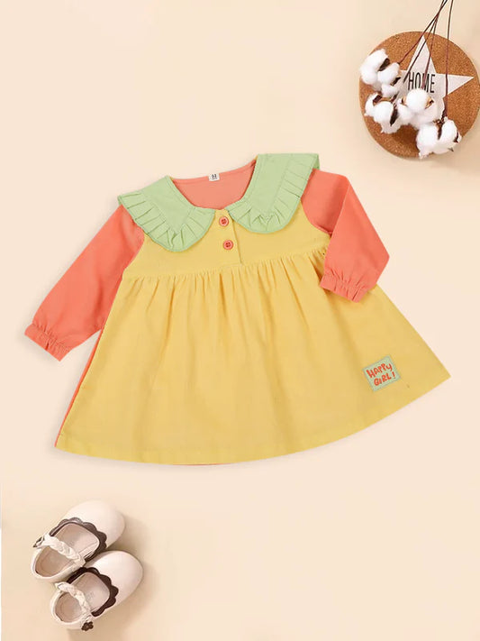 Mee Mee Multi-Color Corduroy Dress with Ruffle Collar & Button Detailing