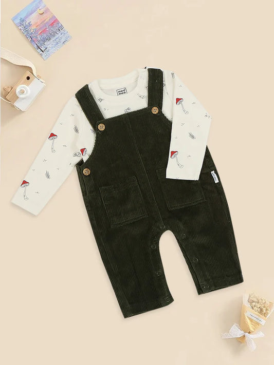 Mee Mee Olive Corduroy Romper Set with Printed White Tee & Wooden Button Straps