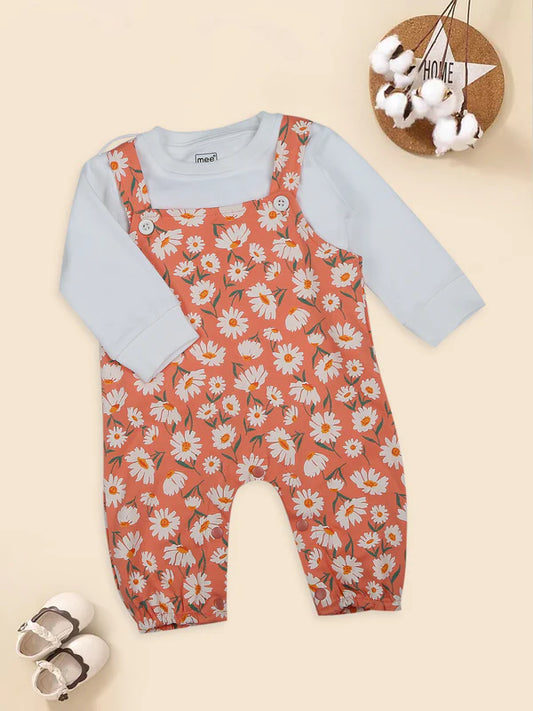 Mee Mee Cotton Romper Set – Peach Floral Dungaree with White Full-Sleeve Inner Tee
