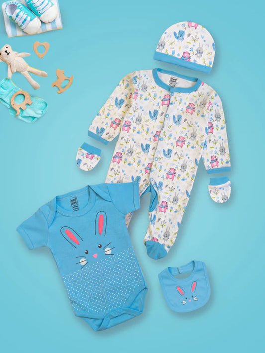 MEEMEE Cotton Baby Boy Gift Set - Adorable Blue Bunny and Animal Design