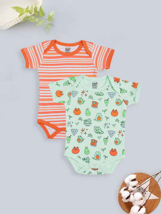 MEEMEE Mint Cotton Baby Bodysuits Featuring Adorable Fruits and Strip Design
