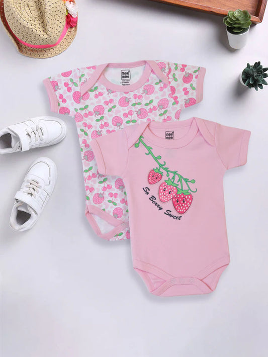 Meemee Pink Cotton Baby Bodysuits with Adorable Strawberry Design