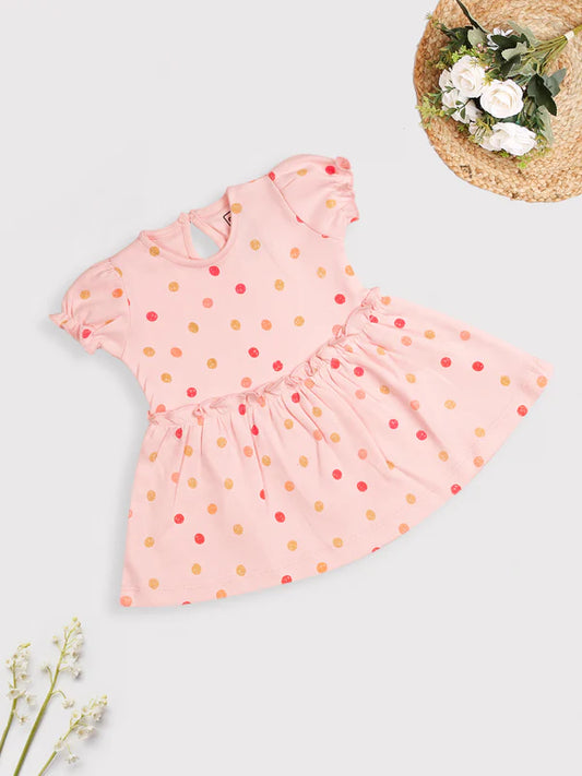 MEEMEE Delightful Pink Polka Dot Frock for Baby Girls - Cotton Dress with Orange Accents