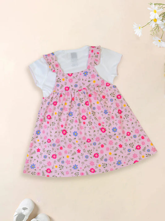 Mee Mee Cotton Pinafore Set – Light Pink Floral Printed Dress with White Top