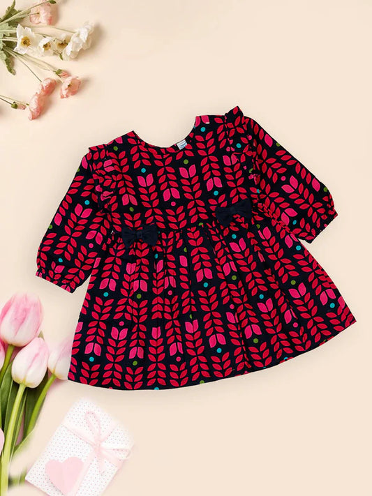 Meemee Navy Cotton Frock for Baby Girls with Pink Floral Pattern