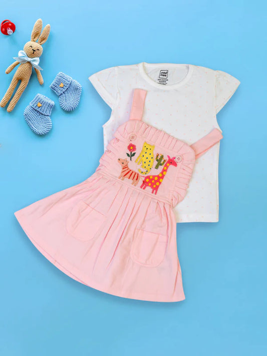 MeeMee Sweet Baby Girl's Pink Pinafore with Cute Giraffe and Elephant Design