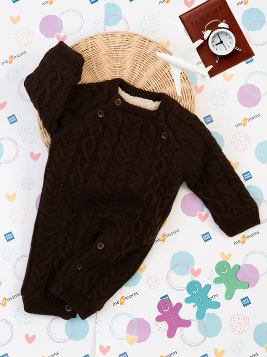 Mee Mee Brown Acrylic Cable Knit Romper with Cozy Lining & Button Closure