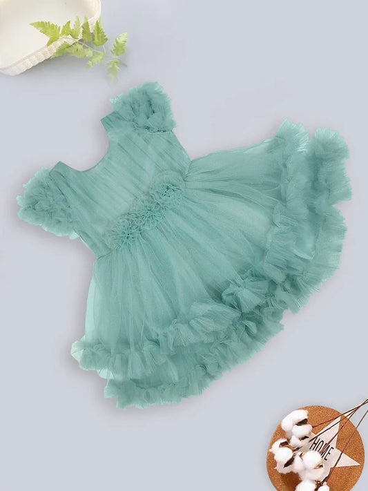 Mee Mee Green Polyfill Partywear Frock – Elegant Ruffled Tulle Dress for Girls