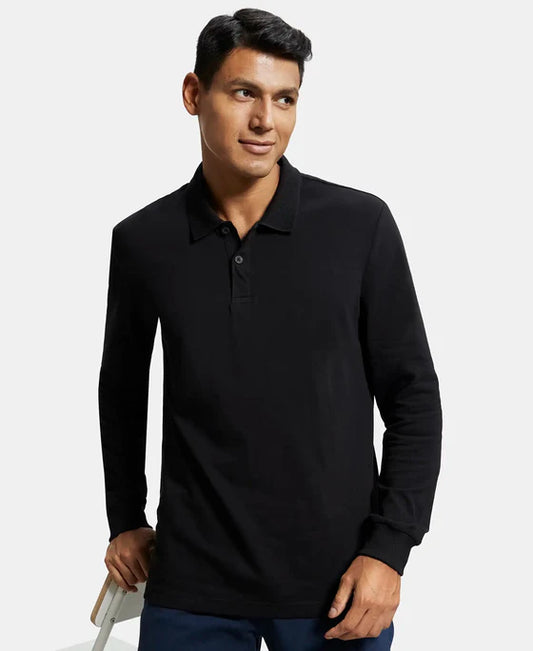 #AM96 Super Combed Cotton Rich Pique Fabric Solid Full Sleeve Polo T-Shirt with Ribbed Cuffs