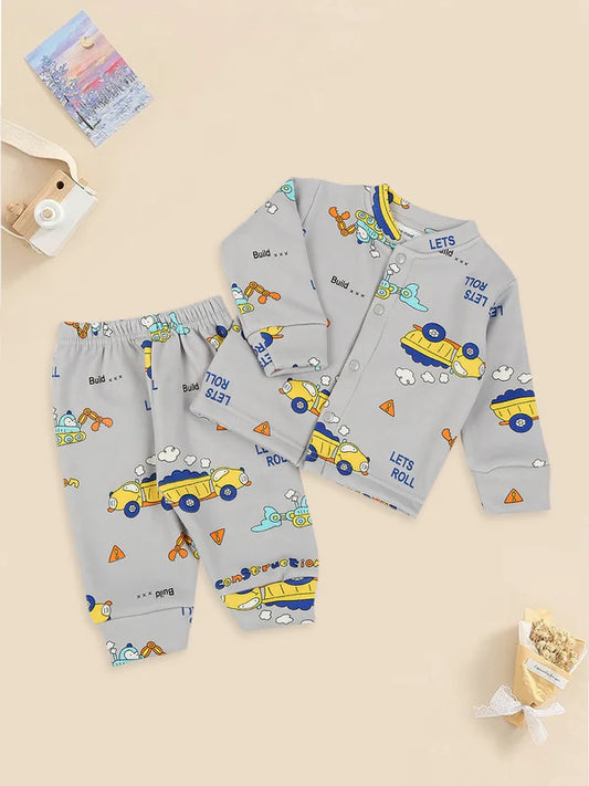 Mee Mee Grey Cotton Nightsuit – Construction Vehicle Print Sleepwear Set