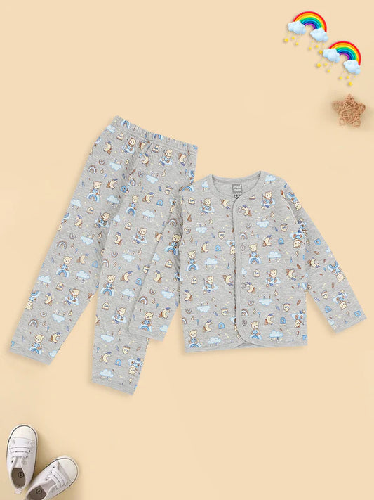 Mee Mee Polyfill Night Suit – Grey, Teddy & Rainbow Print, Soft & Cozy Sleepwear