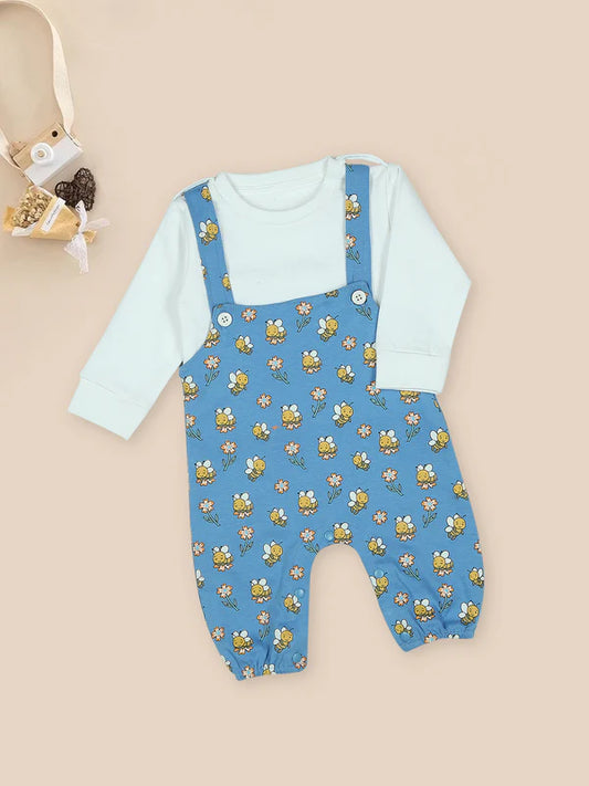 Mee Mee Cotton Baby Romper Set – Blue, Cute Bee & Floral Print, Soft & Comfortable