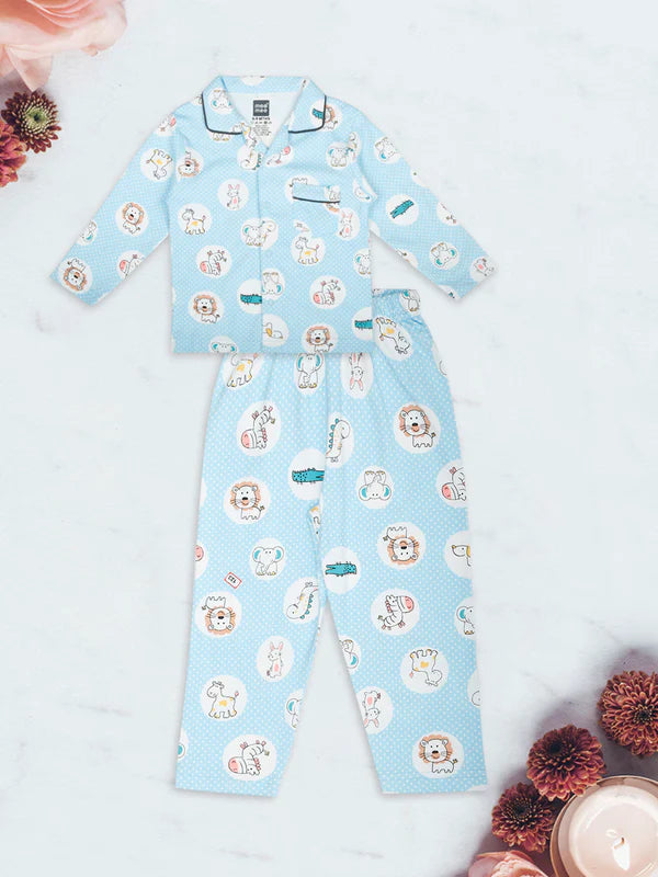 Mee Mee Light Blue Cotton Nightsuit for Kids – Soft & Cozy Animal Print Sleepwear