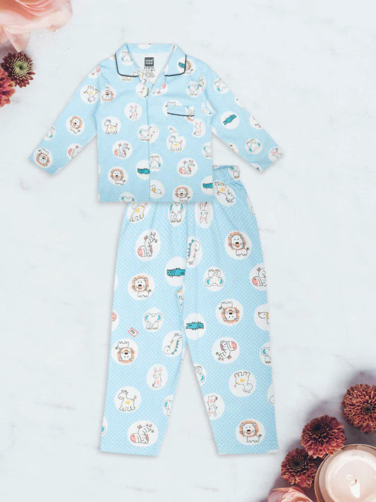 Mee Mee Light Blue Cotton Nightsuit for Kids – Soft & Cozy Animal Print Sleepwear