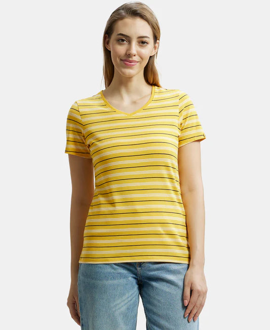 #AW22 Super Combed Cotton Elastane Stretch Regular Fit Yarn Dyed Striped V Neck Half Sleeve T-Shirt -