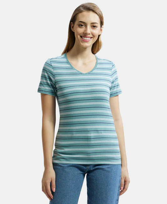 #AW22 Super Combed Cotton Elastane Stretch Regular Fit Yarn Dyed Striped V Neck Half Sleeve T-Shirt -
