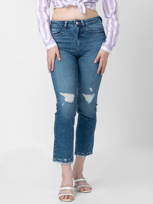 Spykar Women Mid Blue Cotton Slim Straight Fit Ankle Length Jeans #WDYNR1BC017