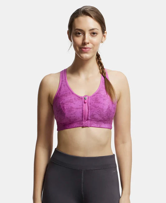 #MI02 Wirefree Padded Microfiber Elastane Stretch Full Coverage Racerback Sports Bra with Front Zipper Styling -