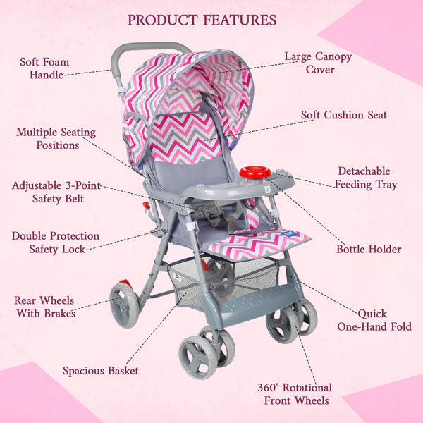 Compact Folding Baby Pram with Multiple Seating Position (Pink)