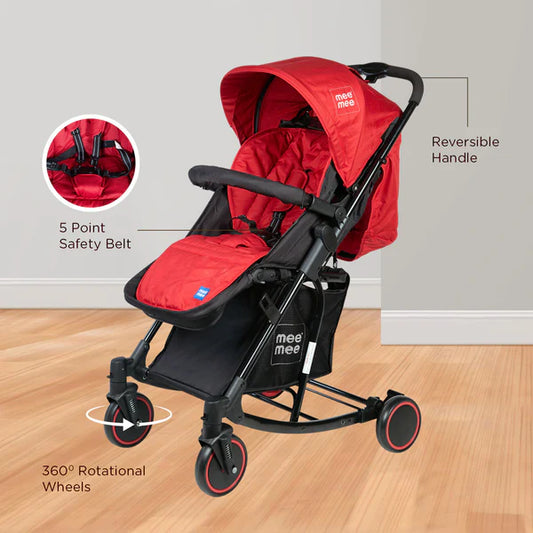 Premium Baby Pram with Rocker Function, Rotating Wheels & Adjustable Seat - Red