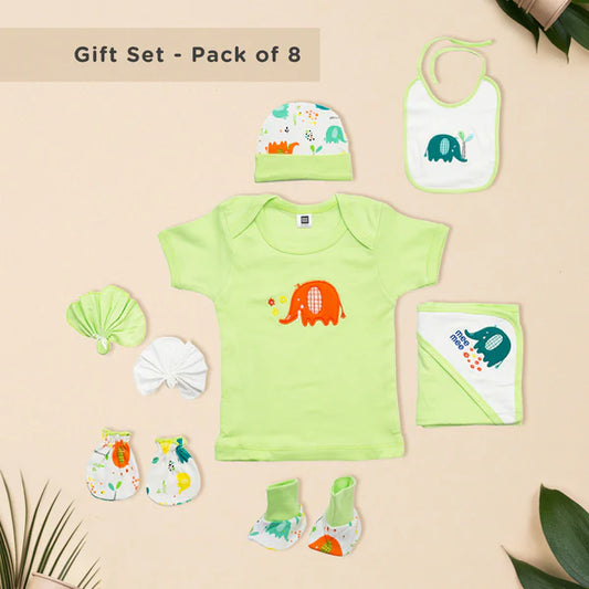 100% Cotton Material Printed Gift Set for New Born Babies (Set of 9 pieces, Green)