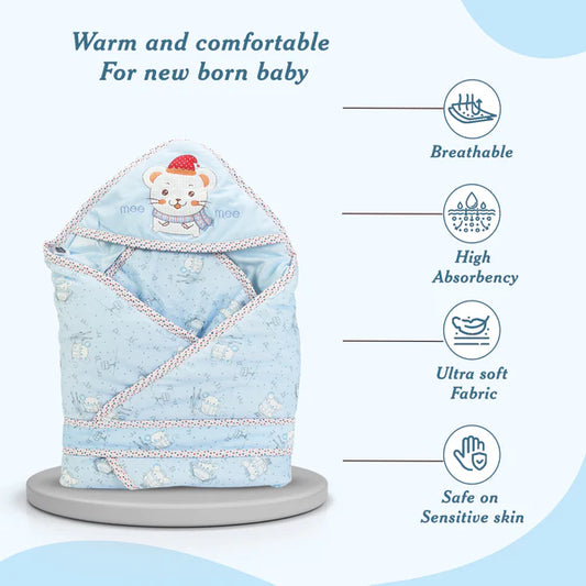 Baby Warm and Soft Swaddle Wrapper Hooded with Hood Double Layer for Newborn Babies (Blue)