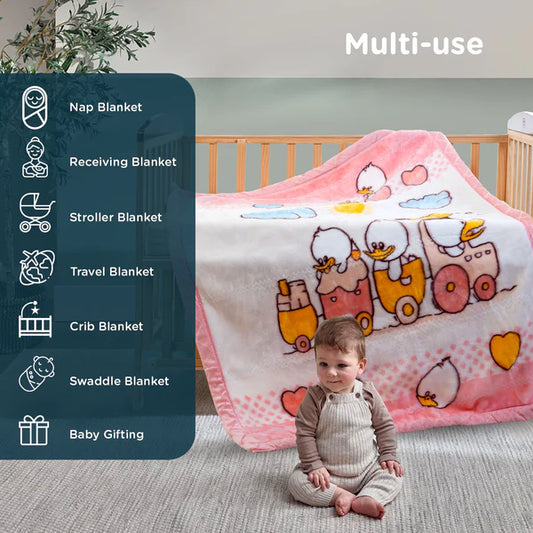 MEE MEE's Playful Dreams: Light Pink Baby Blanket with Adorable Cartoon Characters