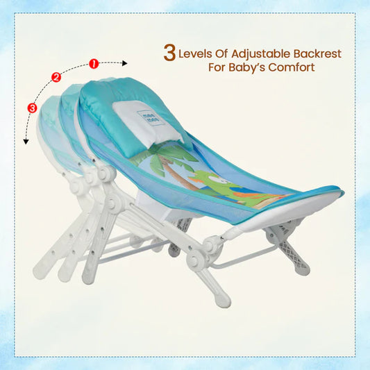 Mee Mee Baby Bath Seat for Newborns and Infants 0-12 Months | Foldable | 3 Position Adjustable chair | New Born Baby Bath Chair | Anti Skid Base | Washable Soft Mesh Seat (Blue)
