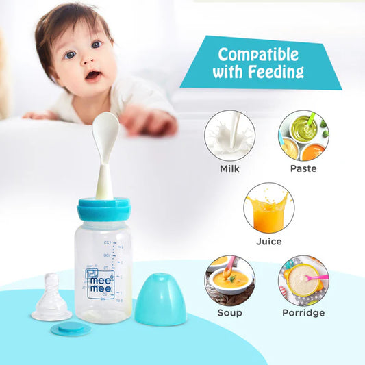 Mee Mee 125Ml 2 In 1 Baby Feeding Bottle With Spoon (Blue)