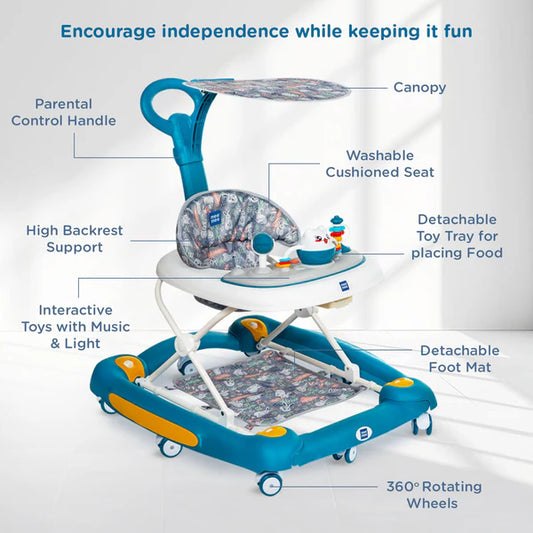 Mee Mee Baby 2 in 1 Walker & Rocker | 3 Level Adjustable Height, Light, Rattle & Musical Toys | Anti-Rollover Folding 360° Walker for Boys, Girls, Kids | Anti Fall, Anti Skid | 6-24 Months 15kg (Blue)