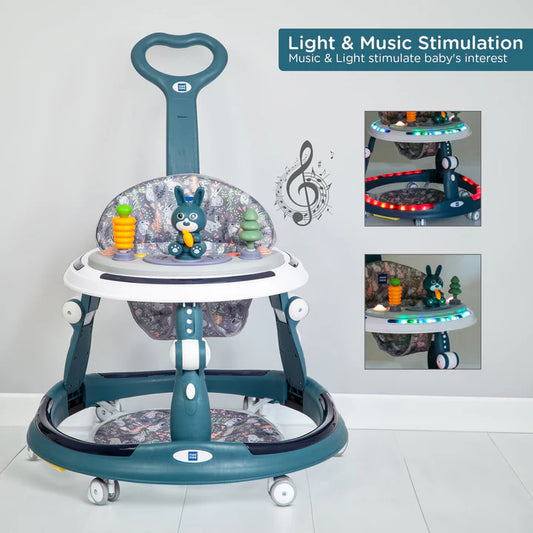 Mee Mee Premium Baby Rocker & Walker 3 in 1-7 Level Adjustable Height, Foot Mat & Musical Activity Tray High Backrest Cushioned Support - 360° Rotational - 6 Months to 2 Years - 15kg (Blue)