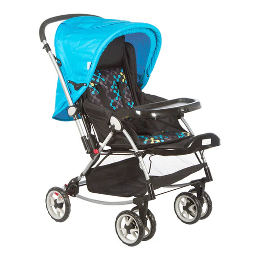 Baby Pram with Rocker Function and 3 Seating Positions with Feeding Tray - Blue Printed