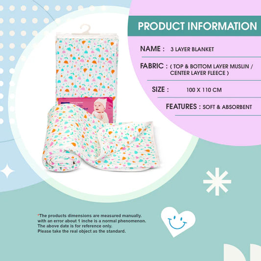 Mee Mee Ultra Soft Newborn Baby Blankets | Lightweight & Super Comfortable Swaddle for Newborn, Infant & Toddler | 3 Layer Blanket of Muslin & Fleece | Assorted | 0-2 Years | Flower Design 100X120 CM