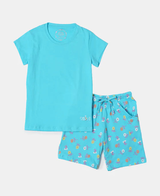 #RG11 Girl's Super Combed Cotton Short Sleeve T-Shirt and Printed Shorts Set