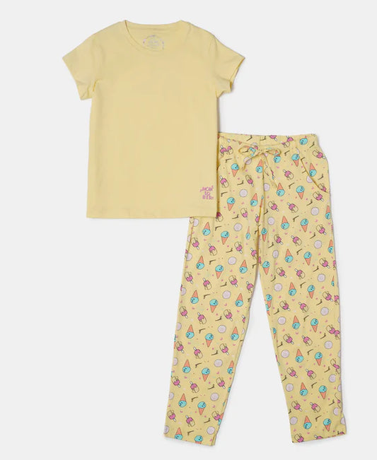 #RG12 Girl's Super Combed Cotton Short Sleeve T-Shirt and Printed Pyjama Set