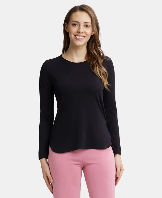 #RX21 Micro Modal Cotton Relaxed Fit Solid Round Neck Full Sleeve T-Shirt with Curved Hem Styling