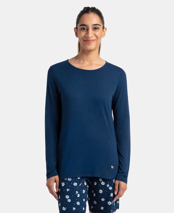 #RX21 Micro Modal Cotton Relaxed Fit Solid Round Neck Full Sleeve T-Shirt with Curved Hem Styling