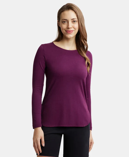 #RX21 Micro Modal Cotton Relaxed Fit Solid Round Neck Full Sleeve T-Shirt with Curved Hem Styling
