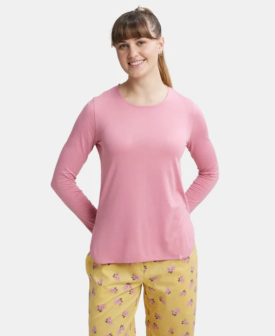 #RX21 Micro Modal Cotton Relaxed Fit Solid Round Neck Full Sleeve T-Shirt with Curved Hem Styling
