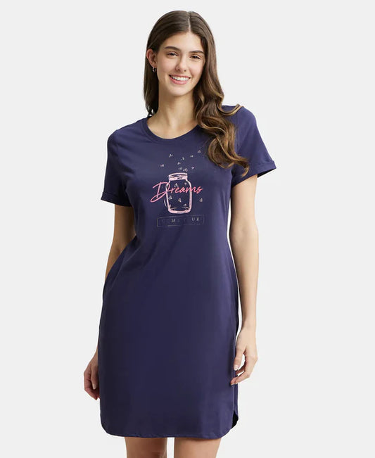 #RX44 Super Combed Cotton Curved Hem Styled Half Sleeve Printed Sleep Dress with Side Pockets