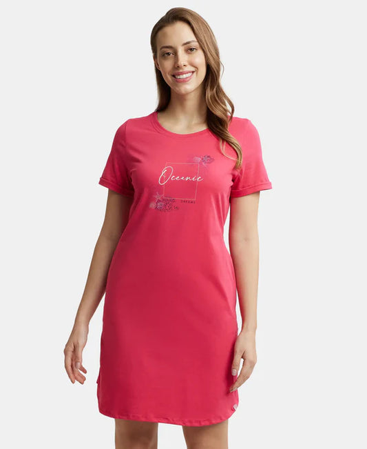 #RX44 Super Combed Cotton Curved Hem Styled Half Sleeve Printed Sleep Dress with Side Pockets