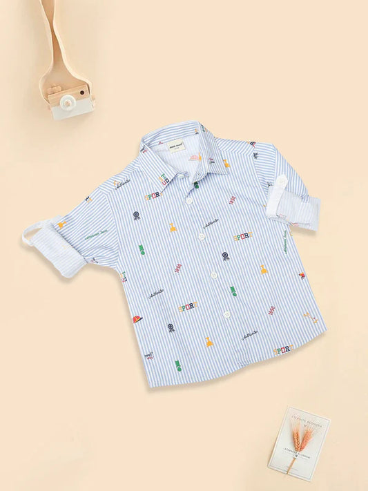 Mee Mee Blue Cotton Shirt – Stylish Striped Design with Fun Sporty Prints for Casual Wear