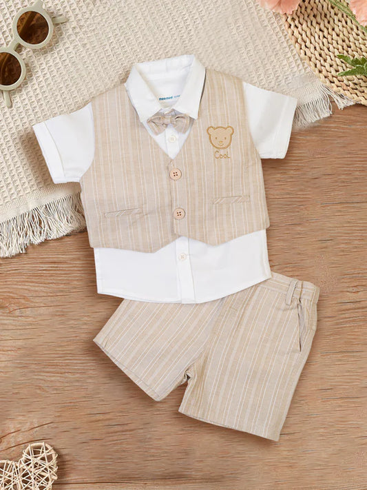 Mee Mee Beige Cotton Waistcoat Set – Shirt, Vest, Shorts & Bow Tie for Baby Boys