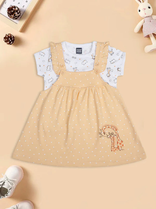 MEEMEE Delightful Peach Pinafore Set for Baby Girls with Charming White Polka Dots