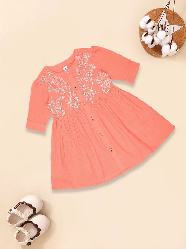 Coral Floral Print Bell Sleeve Cotton A-Line Dress