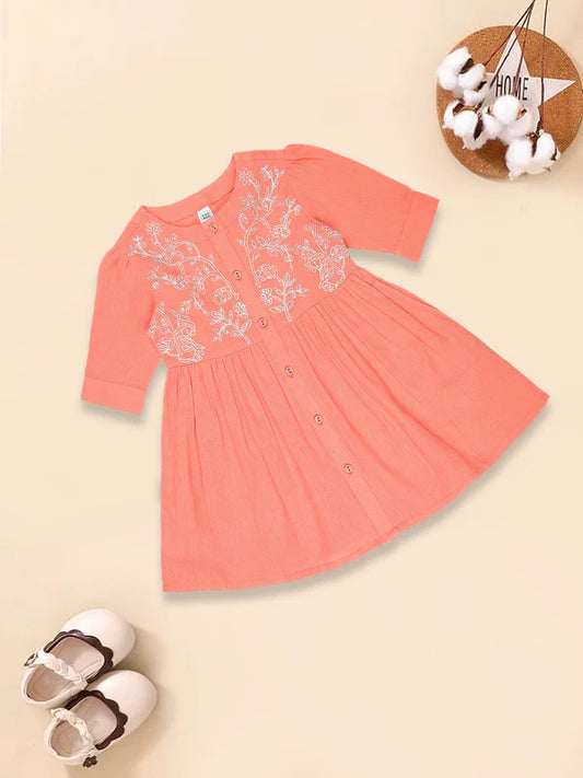 Coral Floral Print Bell Sleeve Cotton A-Line Dress