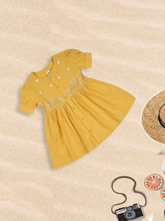Mustard Yellow Dress with Cuffed Sleeves