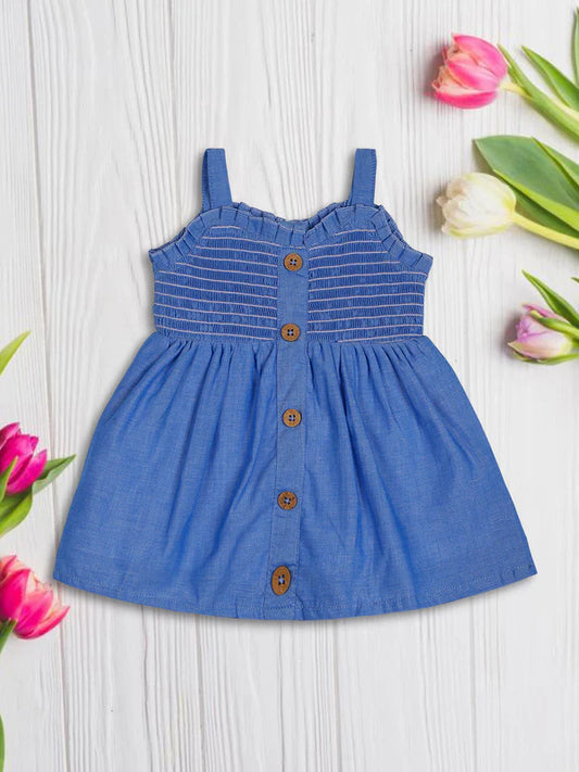 Mee Mee Girls' Blue Cotton Dress – Smocked Bodice & Button-Down Front